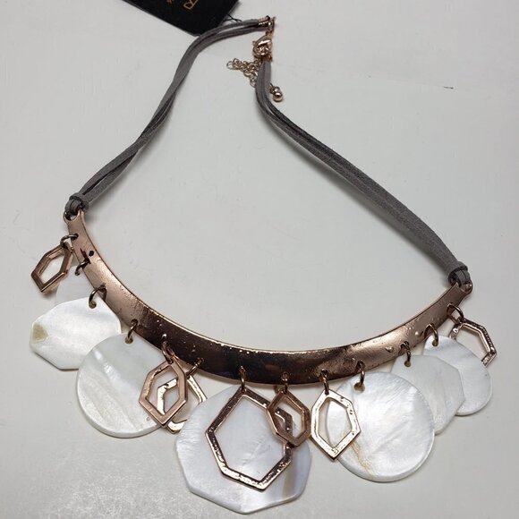 Polished  Rose Gold-tone, shell discs and Leather Statement Necklace - Picture 4 of 8